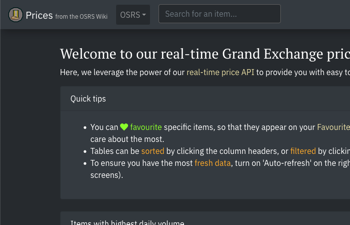 The Old School RuneScape Wiki's new website displaying real-time Grand Exchange prices.