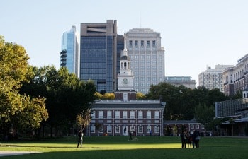 The front of Independence Hall, where the Constitution and the Declaration of Independence were signed.